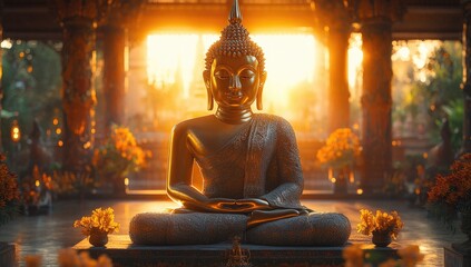 Poster - Golden Buddha Statue in a Temple Setting