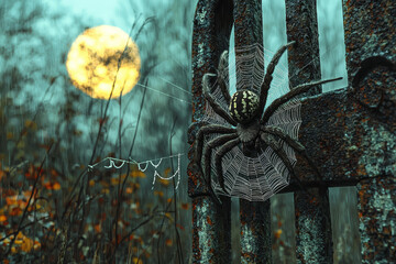 Poster - A spider weaving its web across a rusty gate, illuminated by moonlight. Concept of Halloween nature and eerie beauty.