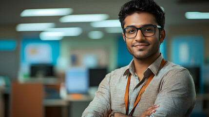 Poster - A confident young man in an office setting, smiling with arms crossed.