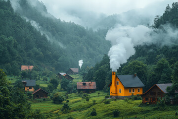 Sticker - A small village nestled in green hills, with smoke rising from chimneys. Concept of rural life and community on Earth.