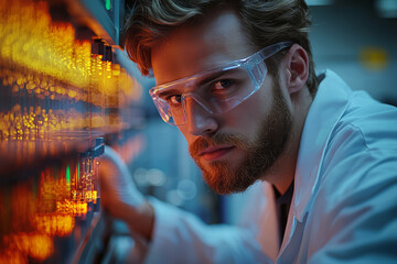 Poster - a researcher in a lab coat, carefully adjusting a laser beam for an experiment. concept of precision