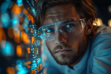 Wall Mural - A researcher analyzing data on a complex screen, deep in concentration. Concept of scientific inquiry and discovery.