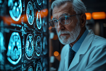 Poster - a neuroscientist examining brain scans, exploring cognitive functions. concept of neuroscience and t