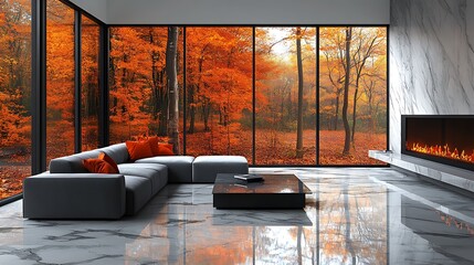 Canvas Print - Modern living room with large windows overlooking an autumn forest and a fireplace.