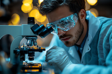 Poster - a medical researcher developing a new vaccine, focused on the microscope. concept of medical science