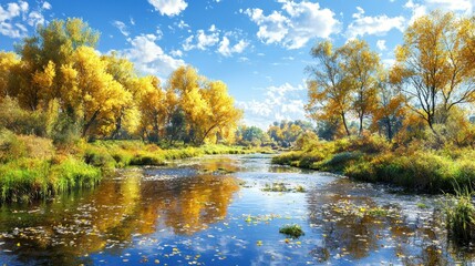 Poster - Autumn River Landscape with Golden Trees and Blue Sky