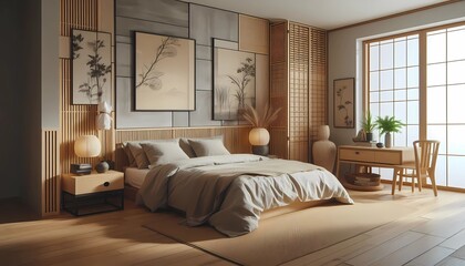 Wall Mural - modern living room with fireplace, modern bedroom wabi sabi style generative AI.