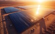 © Thanaseth - Solar power plant with large, reflective panels arranged in a grid, set in a desert landscape with sun rays casting long shadows