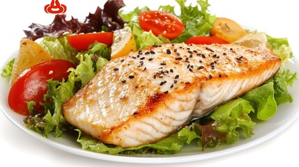 A plate featuring salmon fish, fresh salad, and sesame seeds against a white background. This image highlights a well-presented, healthy meal with vibrant colors and textures,