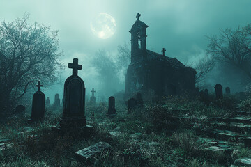 Wall Mural - A foggy graveyard at midnight, with tombstones illuminated by the light of a full moon. Concept of haunted settings and supernatural elements.