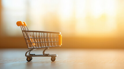 Close-up of an empty shopping cart with yellow accents, placed on a wooden surface, bathed in warm sunlight, creating a serene and minimalist composition.