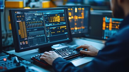 Man Working on Computer with Digital Interface and Data