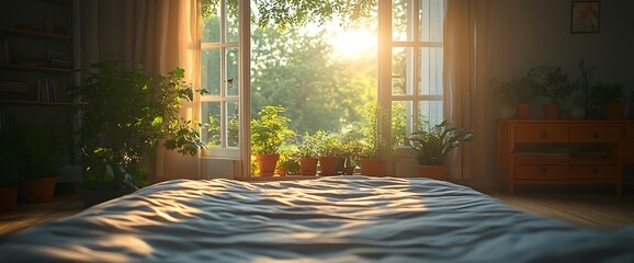 Canvas Print - Sunlight streams through a window onto a bed in a cozy bedroom with plants.