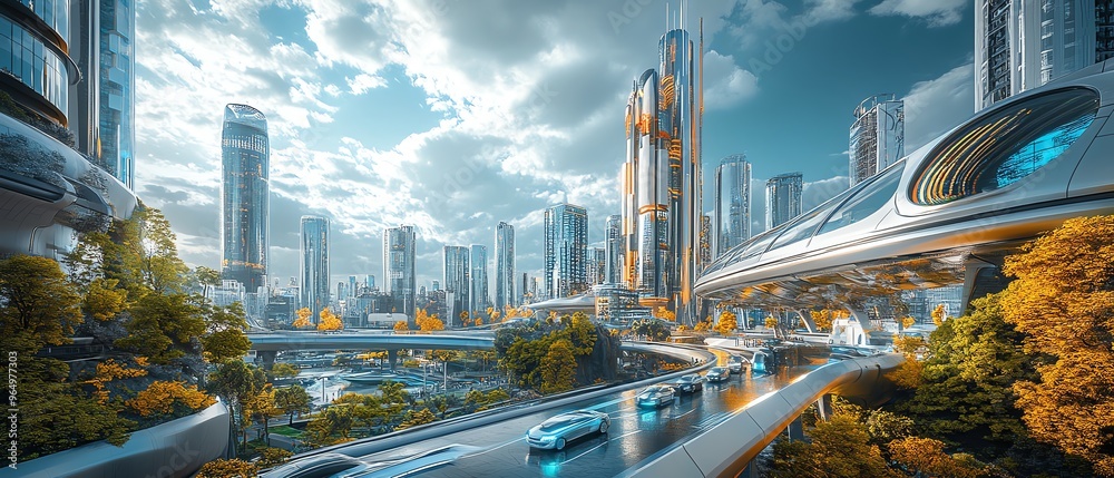 Futuristic urban area with sustainable development infrastructure ...