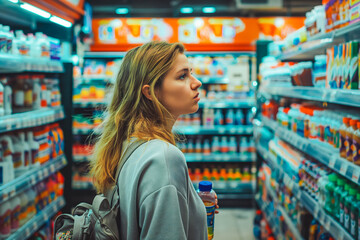 A woman comparing products in a grocery store, supermarket