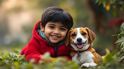 Wall Mural - A joyful child poses with a friendly dog in a lush outdoor setting.