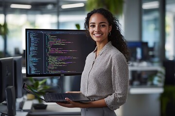 Portrait of young female programmer with digital tablet looking at camera while standing at her workplace with computer.