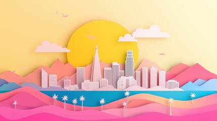 Poster - Papercut Cityscape with Palm Trees and Yellow Sun