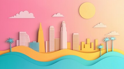 Poster - Paper Cut Cityscape with Palm Trees and Ocean Waves