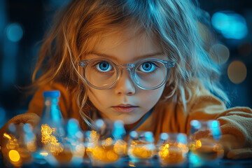 Poster - A child conducting a chemistry experiment, eyes wide with curiosity. Concept of hands-on learning and exploration.