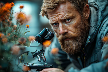 Canvas Print - A biologist examining a rare species under a microscope, captivated by the details. Concept of biological research and biodiversity.