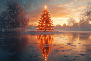 Sticker - A beautifully lit Christmas tree reflected in a frozen lake, surrounded by snow. Concept of winter beauty and holiday magic.