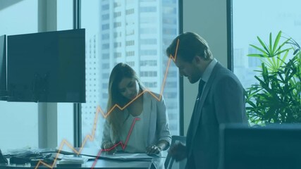 Poster - Animation of financial data processing over diverse colleagues discussing work in office