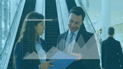 Poster - Animation of financial data processing over diverse colleagues discussing work in office