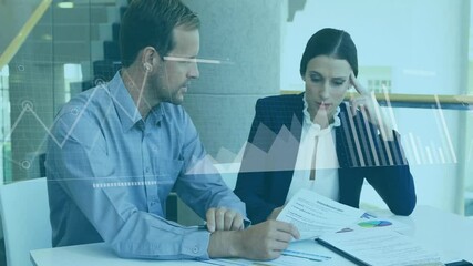 Poster - Animation of financial data processing over diverse colleagues discussing work in office