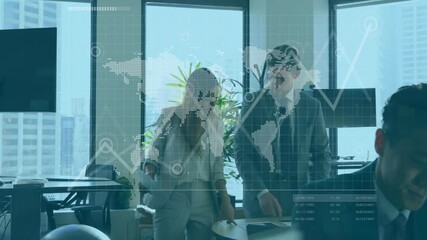 Poster - Animation of financial data processing over diverse colleagues discussing work in office