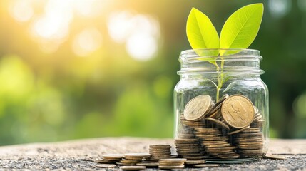 Green Plant Growing From Coins in Glass Jar