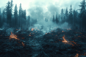 Poster - A forest reduced to charred remnants after a wildfire, with smoke lingering in the air. Concept of environmental destruction and the consequences of climate inaction.