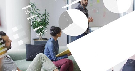 Poster - Animation of financial data processing over diverse colleagues having meeting in office