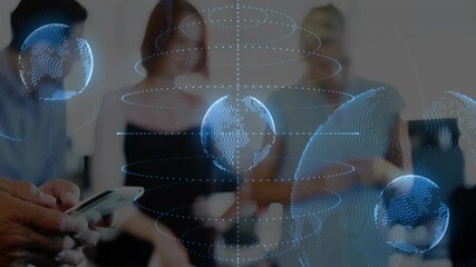 Poster - Animation of globes over diverse colleagues working in office