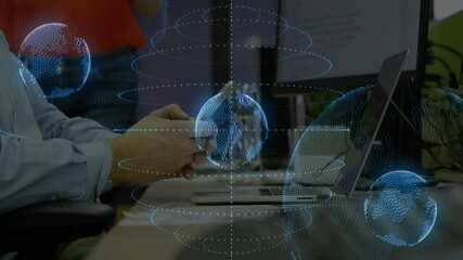 Poster - Animation of globes over diverse colleagues working in office
