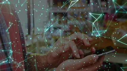 Poster - Animation of network of connections and globe over caucasian man using smartphone