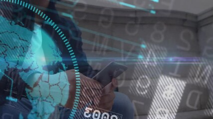 Poster - Animation of data processing and globe over biracial man using smartphone