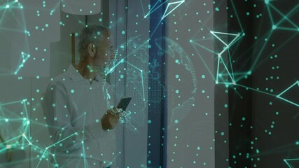 Poster - Animation of network of connections and globe over caucasian man using smartphone