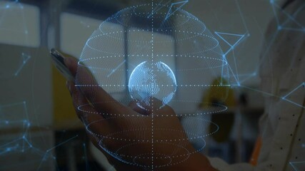 Wall Mural - Animation of network of connections and globe over caucasian woman using smartphone