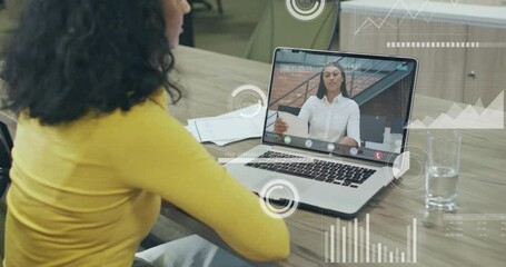 Poster - Animation of financial data processing over diverse businesswomen on laptop video call