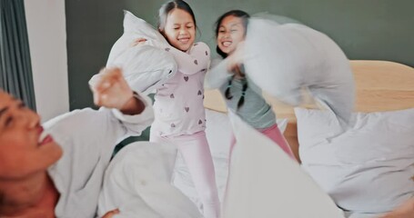 Canvas Print - Playful, bedroom and a happy family pillow fight, bonding and together for fun in the morning. Care, playful and young and comic parents with children on the bed for games, funny and excited