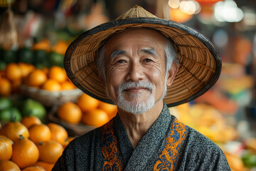 Sticker - An elderly man wearing traditional attire in a bustling market, showcasing the cultural heritage of a Southeast Asian community. Concept of cultural tradition and local markets.