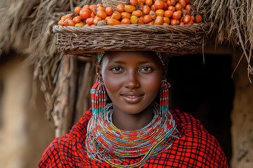 Canvas Print - A woman in traditional Maasai dress carrying a basket of goods on her head in an East African village, highlighting the daily life and customs of the Maasai people.