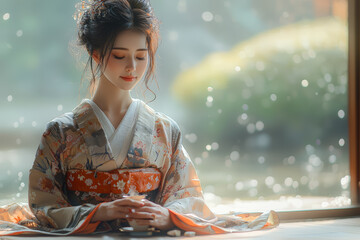 Poster - A woman in a traditional kimono participating in a tea ceremony in a Japanese garden, emphasizing the elegance and serenity of Japanese customs. Concept of cultural ritual.