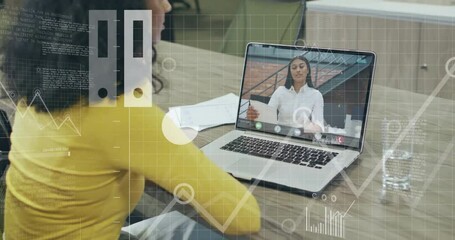 Poster - Animation of financial data processing over diverse businesswomen on laptop video call