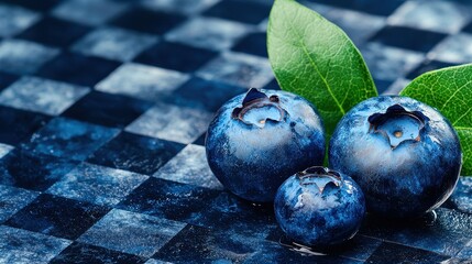 Wall Mural - Fresh Blueberries with Green Leaves on Blue Checkered Background