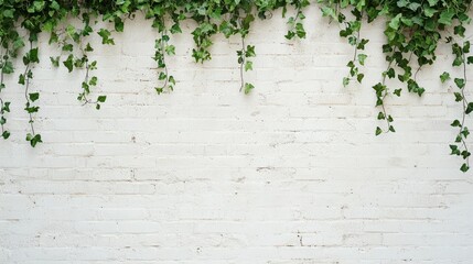 Poster - White Brick Wall with Green Ivy Vines