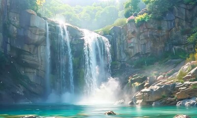 Poster - A picturesque waterfall cascading down rocky cliffs into a crystal-clear pool below, with mist rising into the air. Video