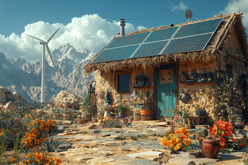 Wall Mural - A remote village with solar panels and wind turbines, illustrating the shift towards renewable energy sources in response to climate concerns. Concept of renewable energy.