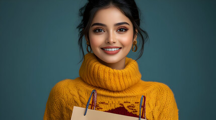 Poster - A smiling woman in a cozy sweater holding a shopping bag against a teal background.